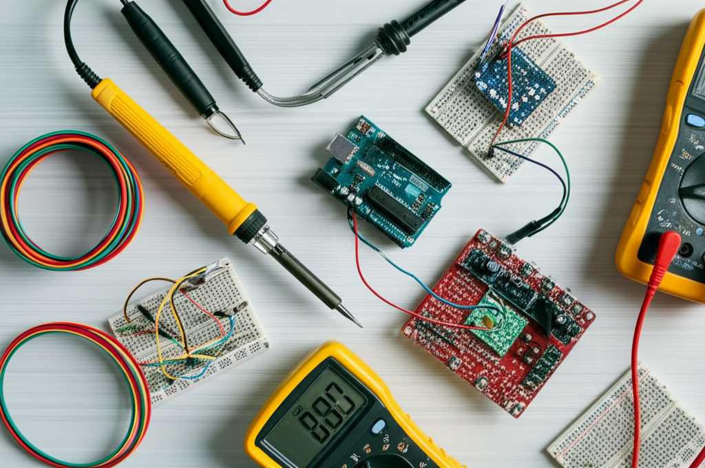 Hobbyist electronics workbench with neatly assembled custom PCBs and tools