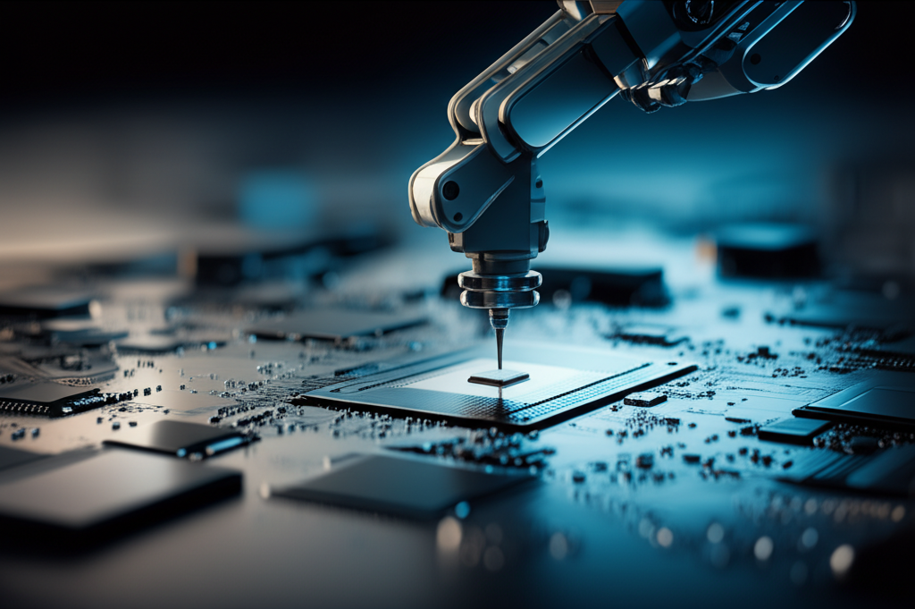 High-tech PCB assembly process with robotic arm precisely placing components on a circuit board
